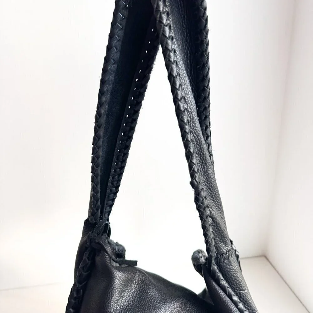 Vintage Black Leather Whipstitch Detail Slouchy Hobo Bag